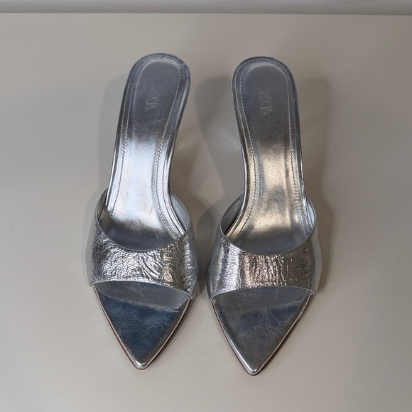 Zara Shoes - Zara Silver Pointed Toe Kitten Heels size 36